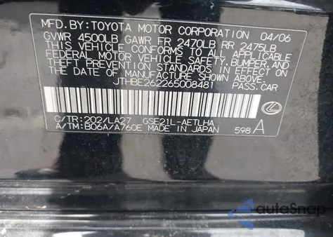 2006 Lexus Is 350 from USA, damaged, VIN JTHBE262265008481